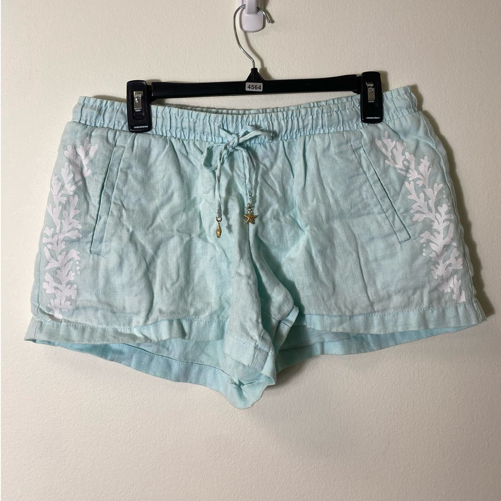Lilly Pulitzer Aqua Blue Coral Print Linen Shorts Sz M